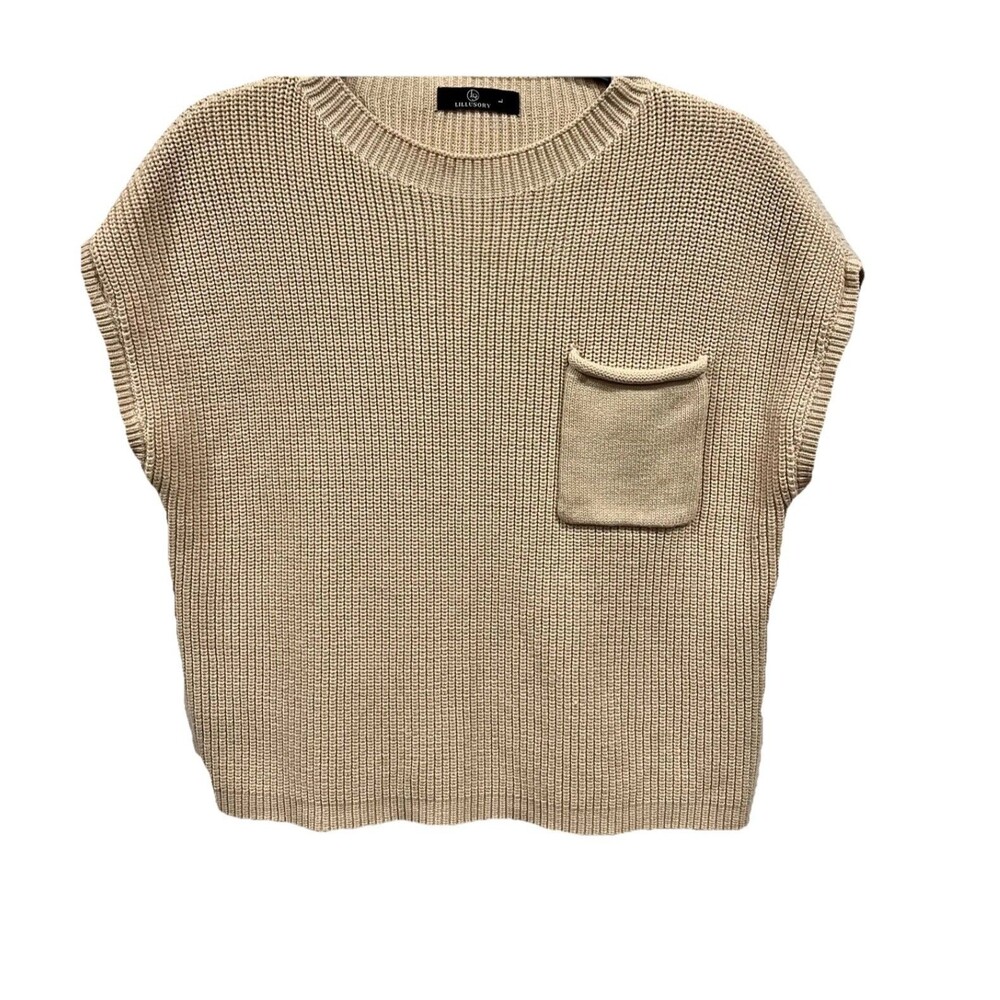 Lillusory | Cropped Cap Sleeve Size Large Tan Knitted Sweater Beach Boho